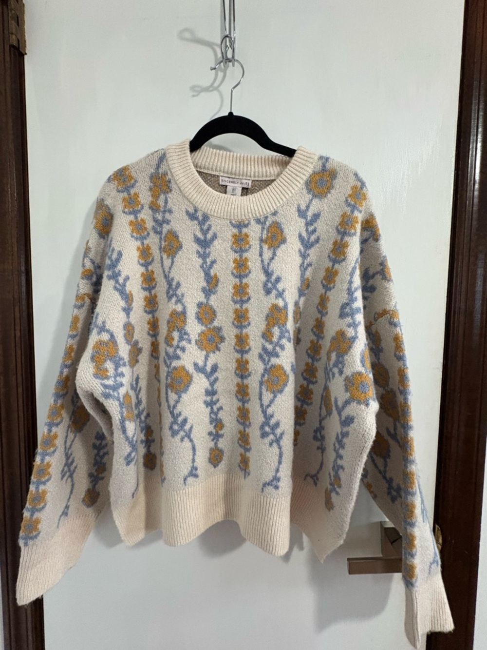 Sincerely Jules Cream Floral Crewneck Sweater with Yellow and Blue Flowers